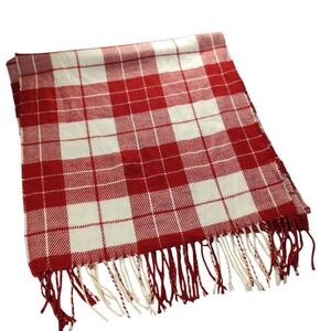 Lands End Plaid‎ Red Scarf Lightweight Fleece Fringe Soft Warm Festive SEE